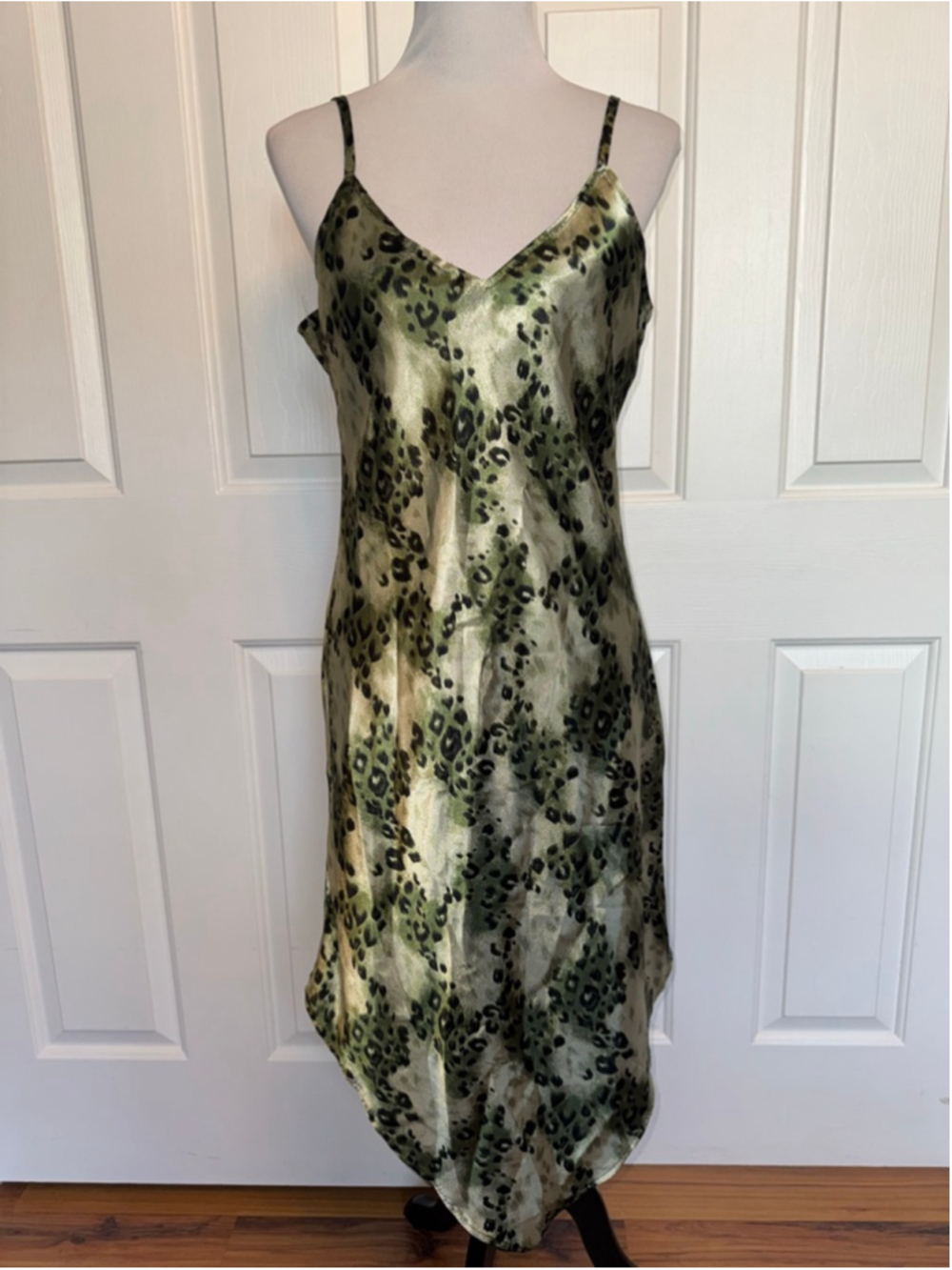 Vintage Y2K Leopard Print Satin Slip Dress Olive Green Handkerchief Hem Large
